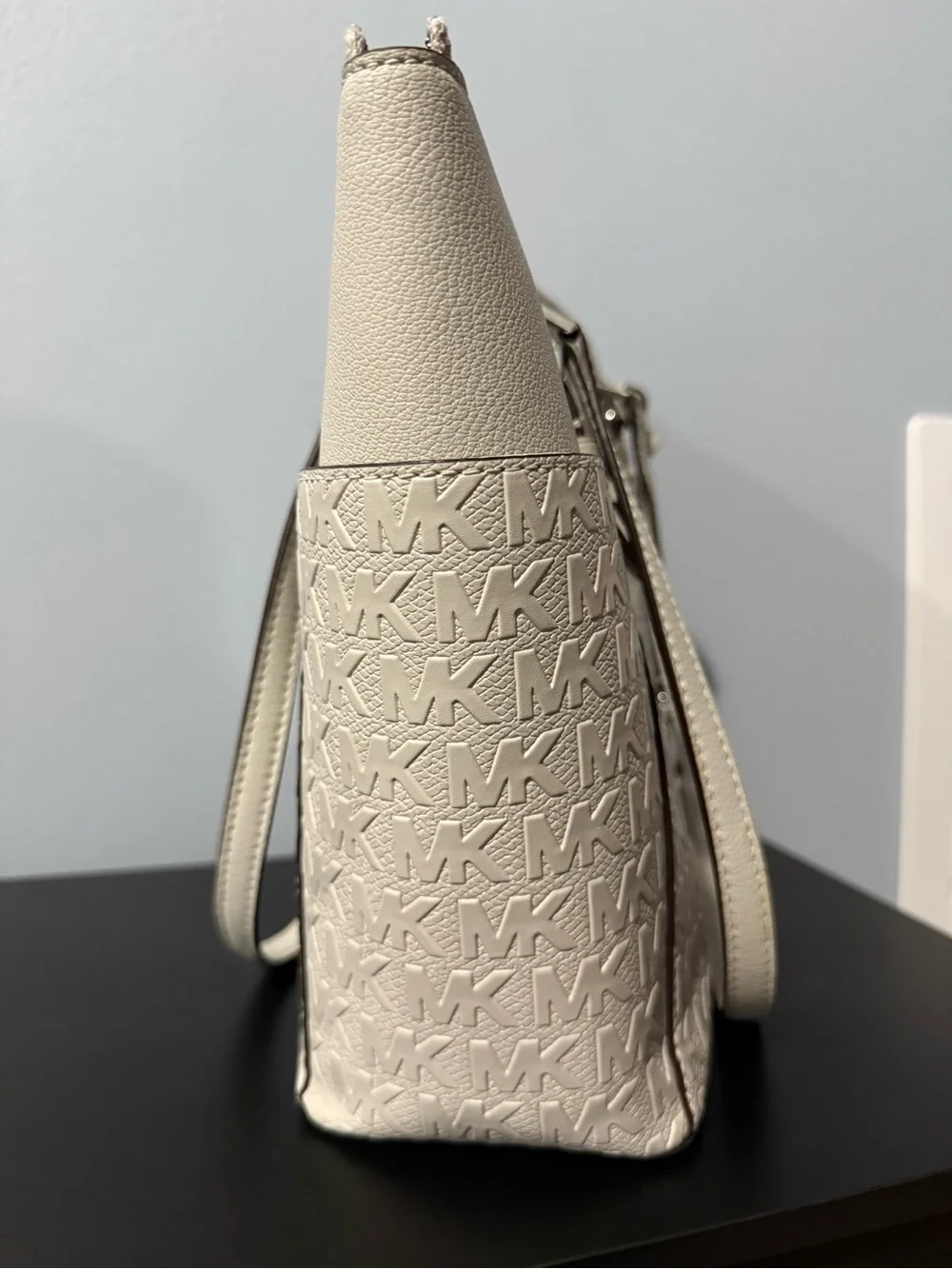 Michael Kors Ivory MK Logo Tote with Silver Charm
